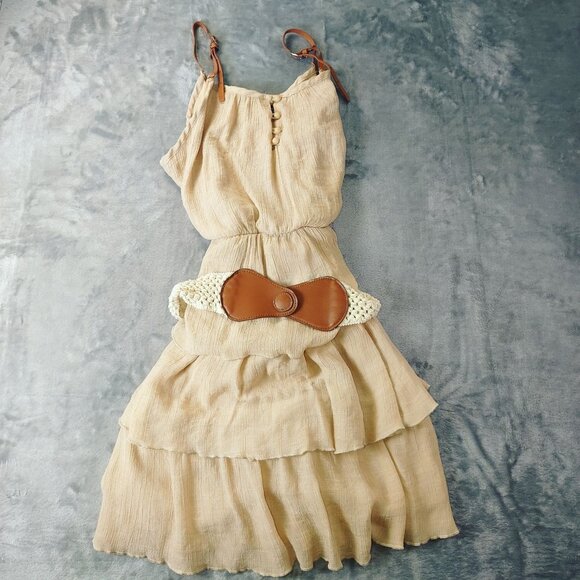 Volume One Juniors Beige Ruffled Tiered Midi Dress With Woven Belt XL Boho Fairy - Picture 1 of 7